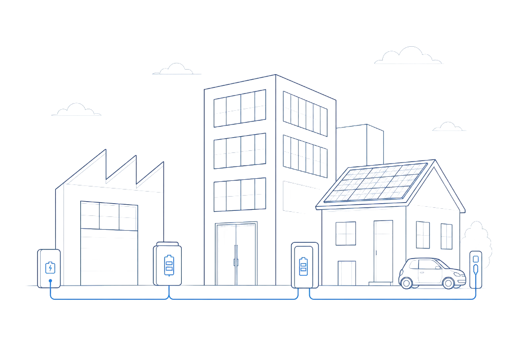 Illustration: Industriehalle, Bürogebäude und Wohnhaus mit Photovoltaik, Energiespeichern und Ladeinfrastruktur, verbunden durch eine gemeinsame Stromversorgung